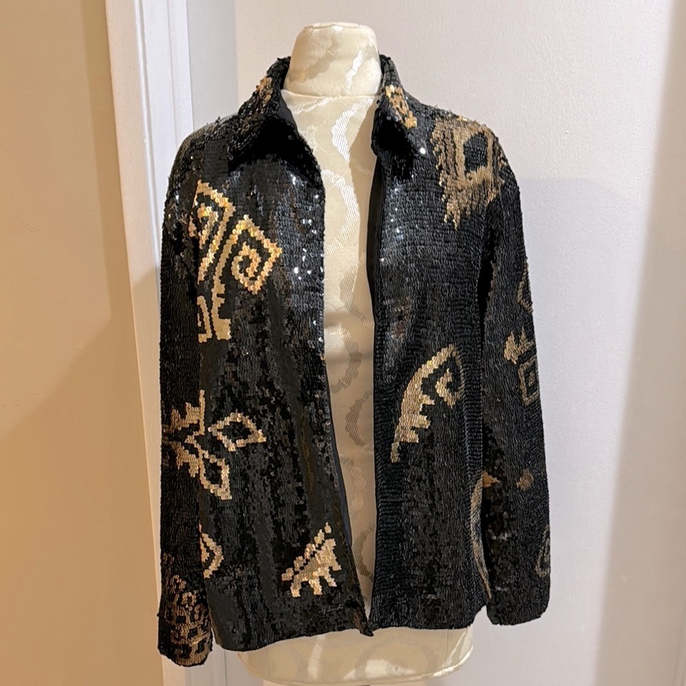 Chicos Sequins Black Gold Lined Open Chic Jacket 2 12/14 L